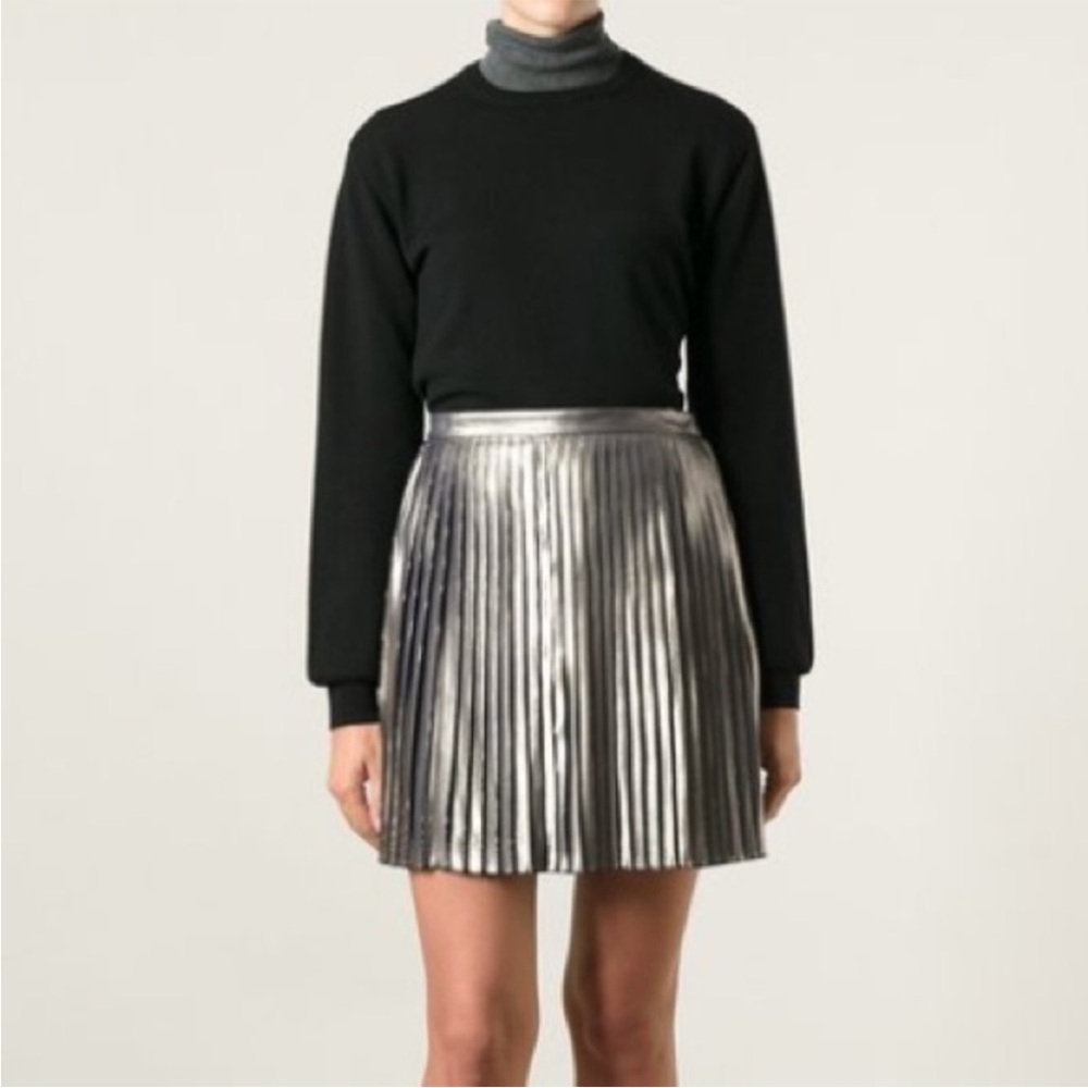 Tory Burch Audra Metallic Pleated Mini Skirt‎ Gold Silver Size 8 Silk